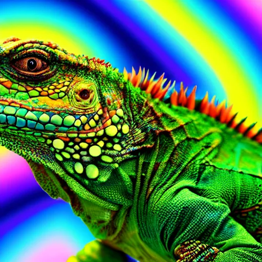 Prompt: Psychedelic technicolor iguana, high quality, 8k photography, ultra realistic, trending on Artstation