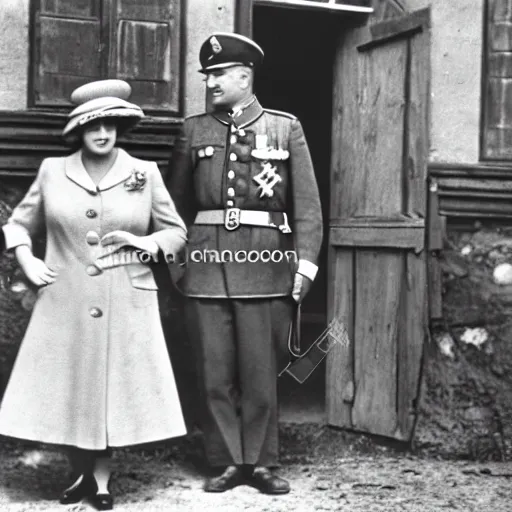 Prompt: 1 9 4 6 historical photo 1 3 5 mm of a single german general and a young queen elizabeth, a cute corgi watches, french village interior, highly detailed, sharp focus, symmetrical face