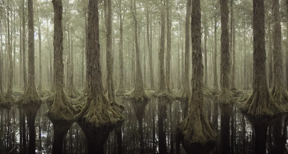 Prompt: A dense and dark enchanted forest with a swamp, by Alyssa Monks