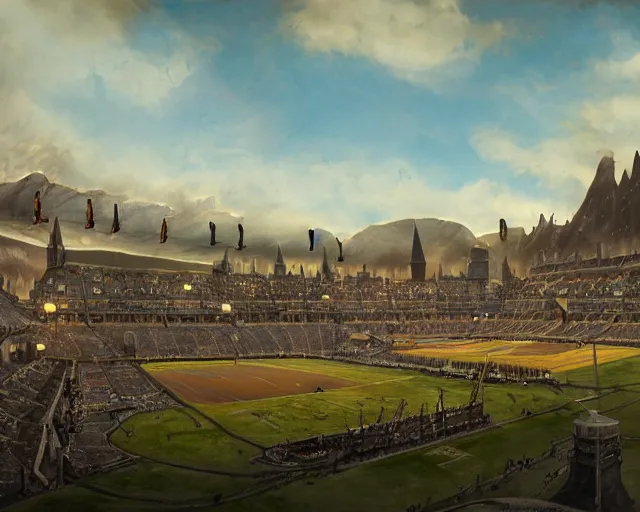 Prompt: epic quidditch stadium, matte painting, by Isaac Levitan and Asher Brown Durand