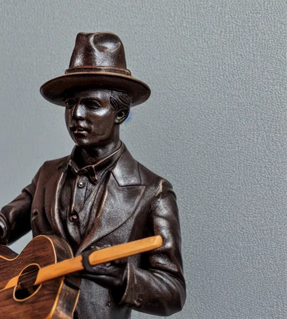 Image similar to a 4 k photorealistic photo medium shot of a bronze statue of a young man wearing a fedora holding a guitar.