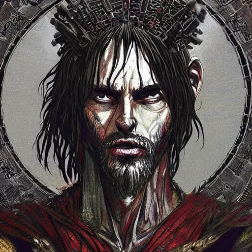 Image similar to 4K headshot portrait of godlike Warlock of Nazareth with defined arms and open hands and bloody clothes with giant mandala wings , intricate face , flawless anime cel animation by Kentaro Miura, psychedelic , highly detailed upper body , professionally post-processed , beautiful, scary, symmetry accurate features, epic, octane rendered, anime masterpiece, accurate by Craig Mullins, ilya kuvshinov, krenz cushart, epic , artgerm trending on artstation by Edward Hopper and Dan Mumford and WLOP and Rutkovsky, beksinski carl spitzweg moebius and tuomas kocar, intricate artwork by caravaggio, Unreal Engine 5, Lumen, Nanite