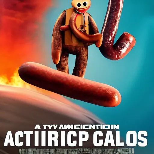 Image similar to A typical american action film poster featuring clippy the clipper and a lifelike sausage, 8k movie poster, highly detailed, vivid intense colors, sharp, crisp