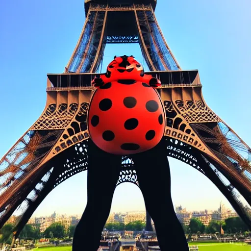 Image similar to Superhero Ladybug from Disney posing in front of the Eiffel tower in front of a blue sky on a sunny day, dynamic camera angle