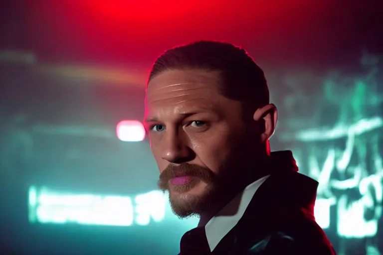 Image similar to film still of Tom Hardy as Max Payne in a nightclub with bright contrasting strobe lights in the Max Payne movie, 4k