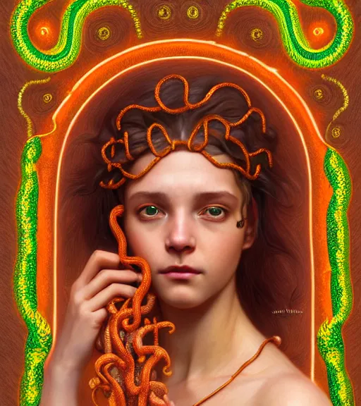 Prompt: portrait of teenage medusa, snake hair, naughty smile, wearing an embroidered orange tunic, intricate, elegant, copper and emerald jewelry, glowing lights, highly detailed, digital painting, artstation, concept art, smooth, sharp focus, seductive, illustration, art by wlop, mucha, artgerm, and greg rutkowski