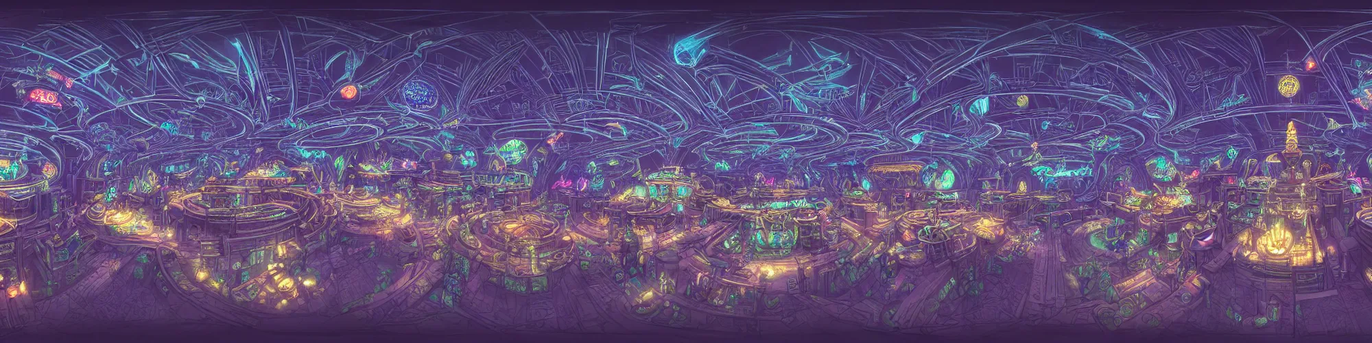 Prompt: symetrical highly detailed sandman kingdom, cyberpunk, neon, tron, close up in the bg entrance castle kingdom of dreams, space ships, hiperrealistc, global illumination, radiant light, detailed and intricate environment, 3 6 0 degrees, panoramic view, sketch drawing by frank lloyd wright