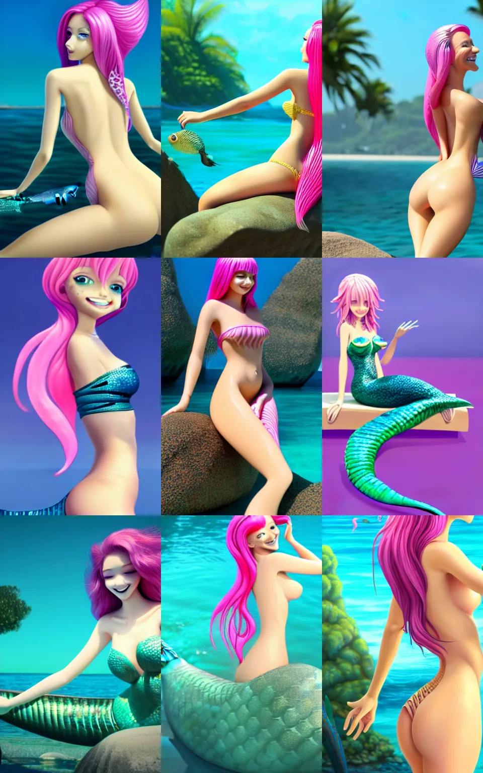 Prompt: beautiful naiad mermaid with fish tale, full body shot, pool, bare shoulders, one piece closed swimsuit monokini, long pink hair, realistic mermaid body proportions - mermaid fin instead of legs, seductive smile, arched back, vie from behind, artstation, fine details, Danbooru, high resolution, 4k, digital painting by WLOP, octane render, photorealistic, composition, ultra realistic