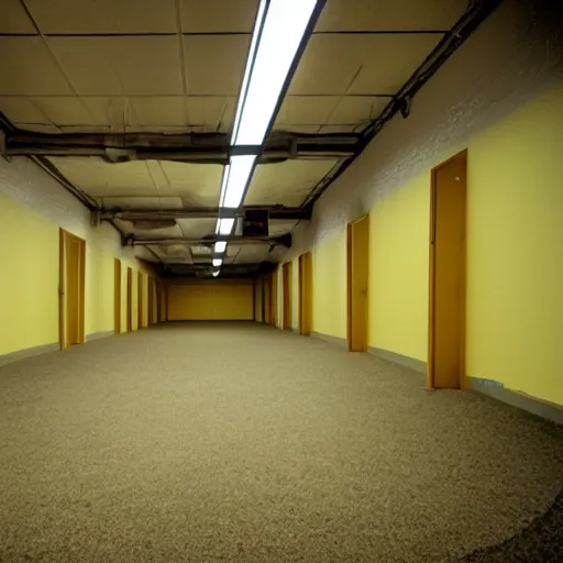 Image similar to Backrooms, old moist carpet, mono-yellow, fluorescent lights, randomly segmented rooms