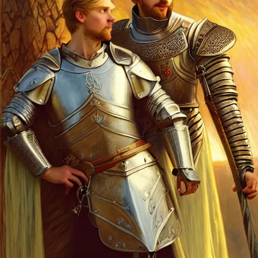 Image similar to attractive arthur pendragon and his favourite attractive male knight, they are in love, camelot, natural lighting, path traced, highly detailed, high quality, digital painting, by gaston bussiere and ross tran and j. c. leyendecker and alphonse mucha