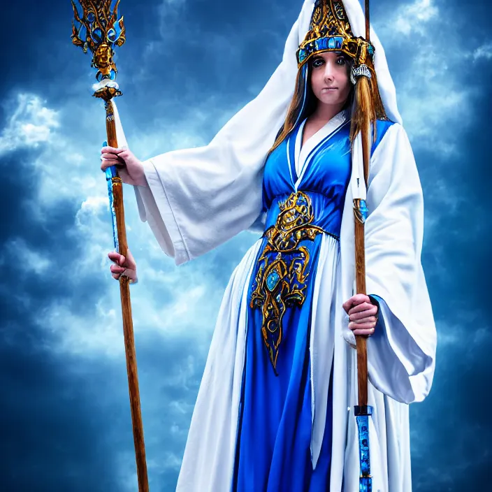 Prompt: professional photograph of a real-life beautiful elemental sky witch with ornate white and blue robes and staff. Extremely detailed. 8k