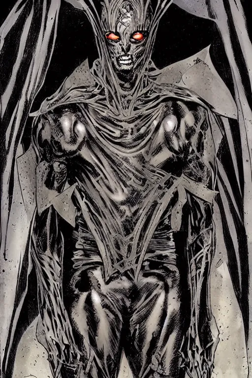 Prompt: A full body portrait of a new antihero character art by Marc Silvestri, Cedric Peyravernay and H.R. Giger, ominous, mysterious,