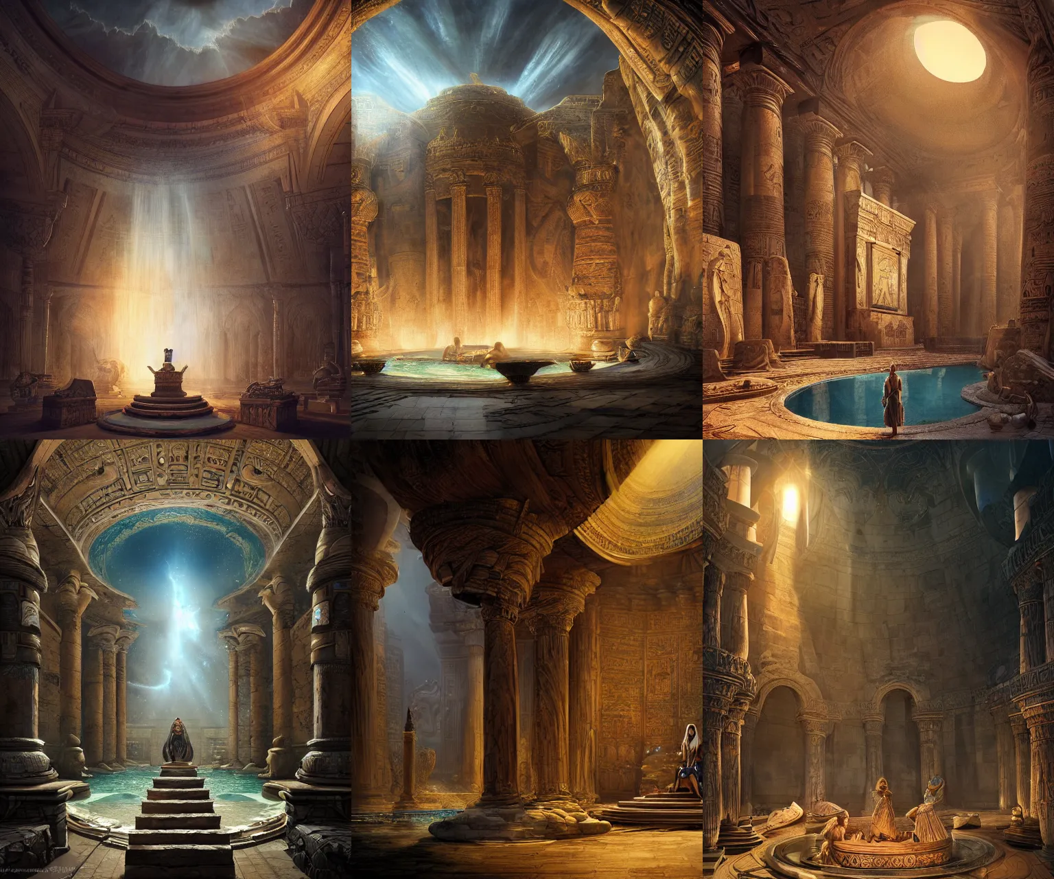 Prompt: fantasy movie scene andreas rocha and bernie wrightson and canaletto detailed digital art of ornate and royal egyptian antechamber tomb, cleopatra in a circular pool with an erupting galaxy, epic atmosphere, sharp sunray lighting, cinematic lighting, fine details, 4 k, unreal engine, hyperrealism, cinematic composition, blender render, realistic, detailed textures, very wide shot