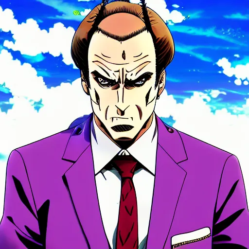 Prompt: saul goodman in jojo's bizarre adventure anime, in the style of jojo's bizarre adventure by hirohoki araki, anime style, hyper realistic, illustration, 4 k hd