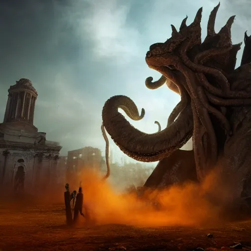 Image similar to Giant smoke monster coming out of the ground, thick swirling smoke, Nyarlathotep, Tentacles, mist, dramatic lighting, Byzantine ruins, surrounded by priests, worshipers, desert, cinematic, epic lighting, trending on artstation