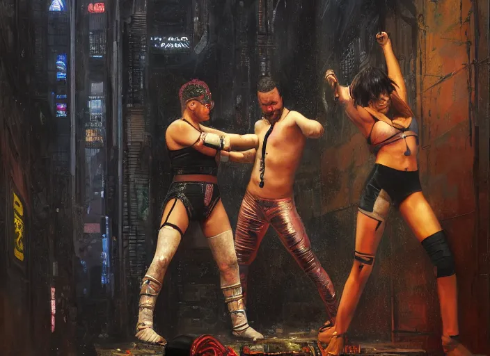 Image similar to cyberpunk pro wrestling match ( blade runner 2 0 4 9, dystopian, cyberpunk 2 0 7 7 character design ). orientalist portrait by john william waterhouse and james gurney and theodore ralli and nasreddine dinet, oil on canvas. cinematic, hyper realism, realistic proportions, dramatic lighting, high detail 4 k