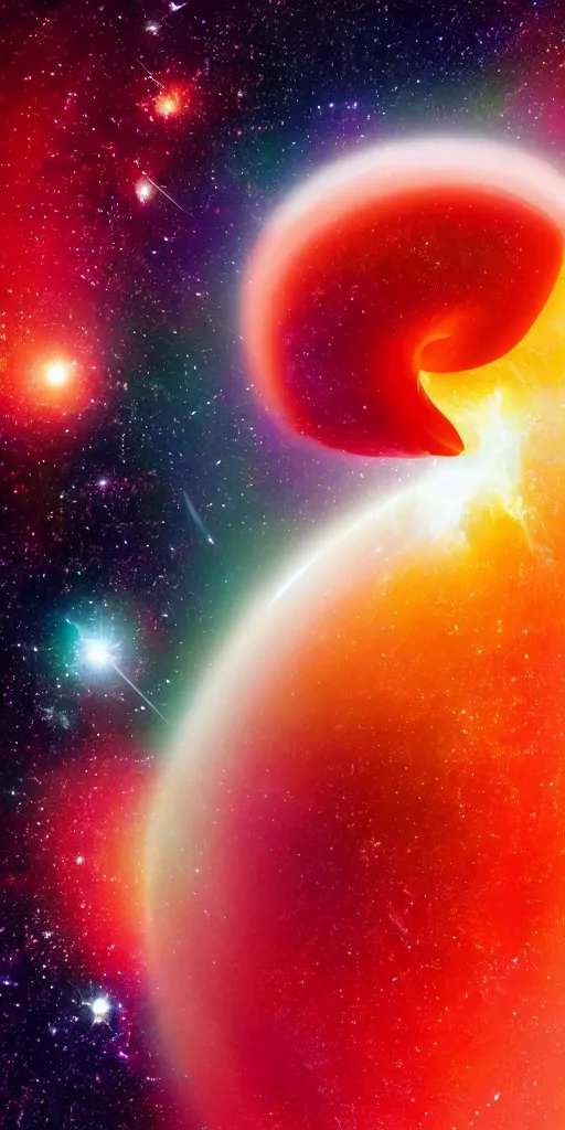 Image similar to a nasa photo of a galaxy in the shape of a red apple with a bite taken out of it. dynamic composition psychedelic