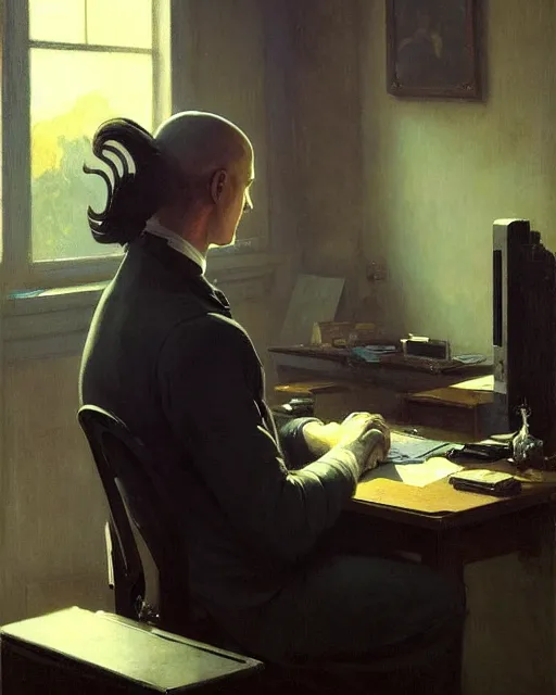 Prompt: a bald moustachioed beardless hacker at the computer. fantasy art by greg rutkowski, gustave courbet, rosa bonheur, edward hopper. faithfully depicted facial expression, perfect anatomy, sharp focus, global illumination, radiant light, detailed and intricate environment, trending on artstation
