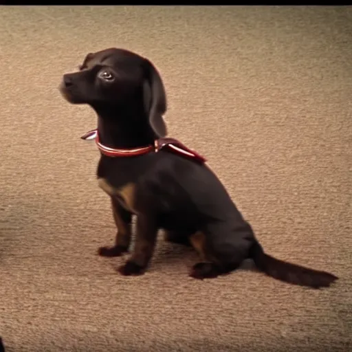 Prompt: a movie capture of a darth vader chiweenie, cinematic