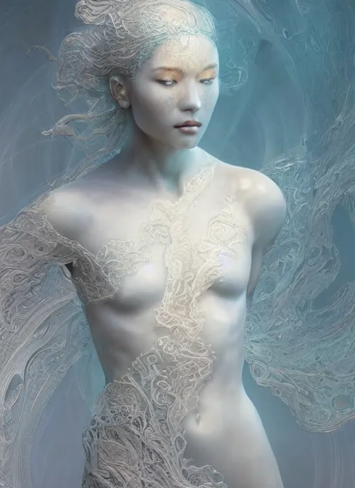 Image similar to opalescent marble sculpture of beautiful woman dissolving into shimmering dust, fractal paisley inlay, lace, intricate, elegant, highly detailed, digital photography, art by artgerm ruan jia and greg rutkowski