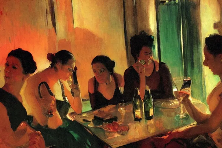 Prompt: cholas drinking brutal and raw wine, inside a tiny green room with red lights by joaquin sorolla, greg rutkowski, bill sienckiwicz, extremely detailed