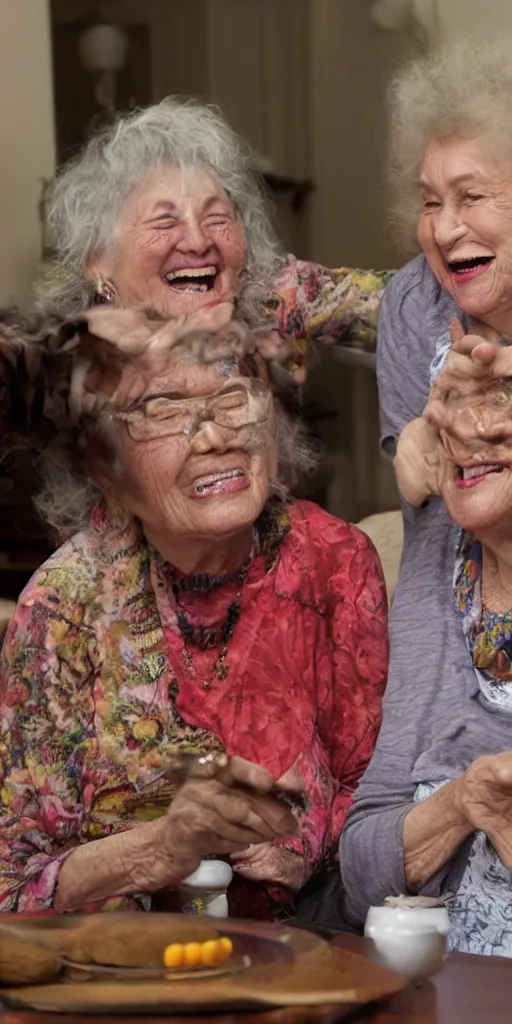 Prompt: laughing grandmas on psychedelics in the house