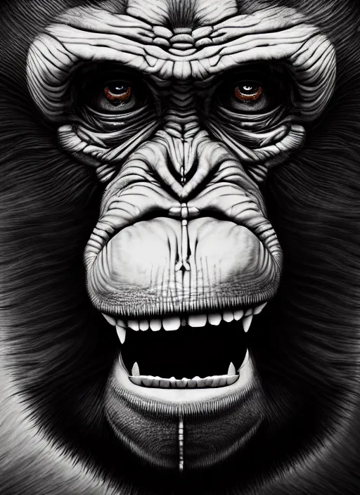 Image similar to close up portrait of a monkey monster in the mountains of hell, oil painting by tomasz jedruszek, cinematic lighting, pen and ink, intricate line, hd, 4 k, million of likes, trending on artstation