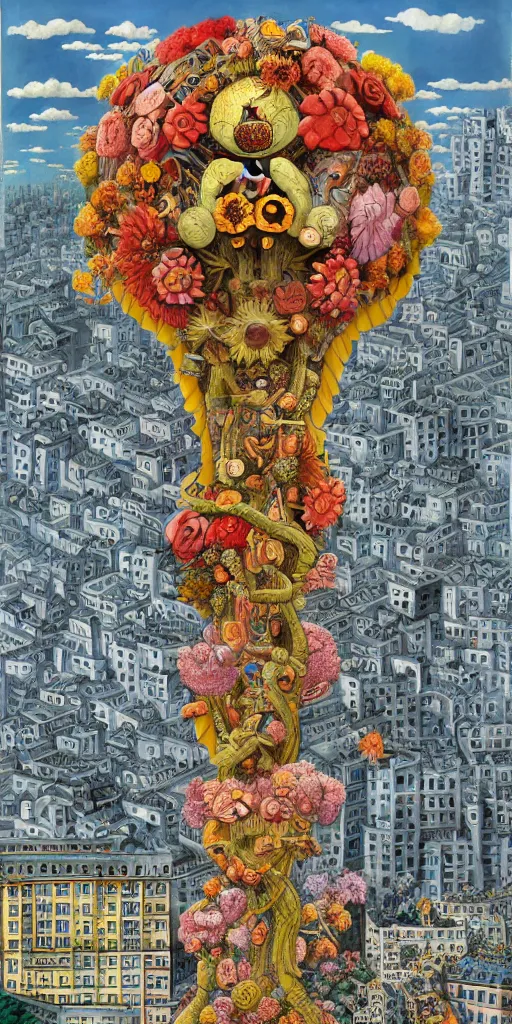 Image similar to colossal MC Escher flower in the middle of post soviet constructivist cityscape, Stalinist architecture, ultradetailed, Intricate by Hayao Miyazaki and Josan Gonzalez and Giuseppe Arcimboldo and Wes Anderson and H.R. Giger