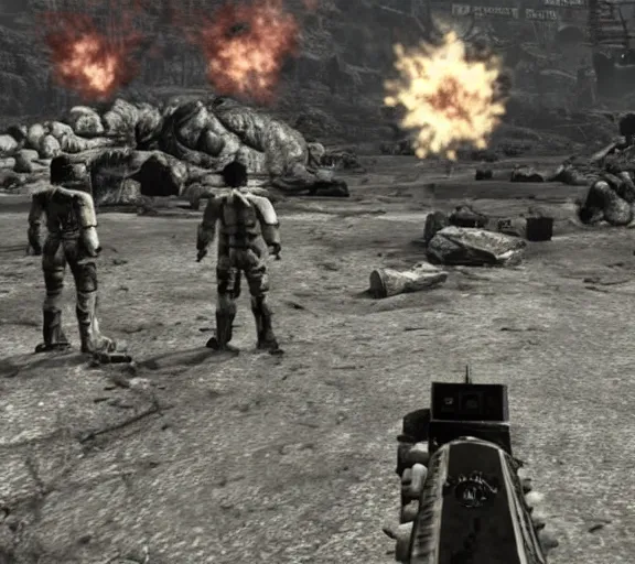 Prompt: Janusz Korwin-Mikke in the centre of a screenshot from the game Fallout: New Vegas (2010)
