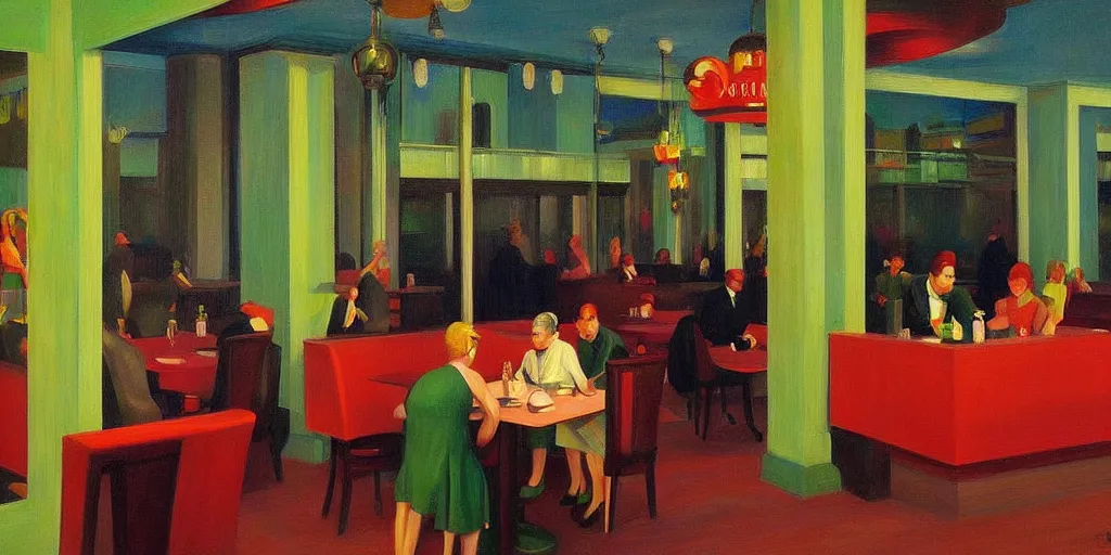 Image similar to green people at red art deco restaurant, open ceiling, highly detailed, painted by Edward Hopper, painted by James Gilleard, surrealism, airbrush