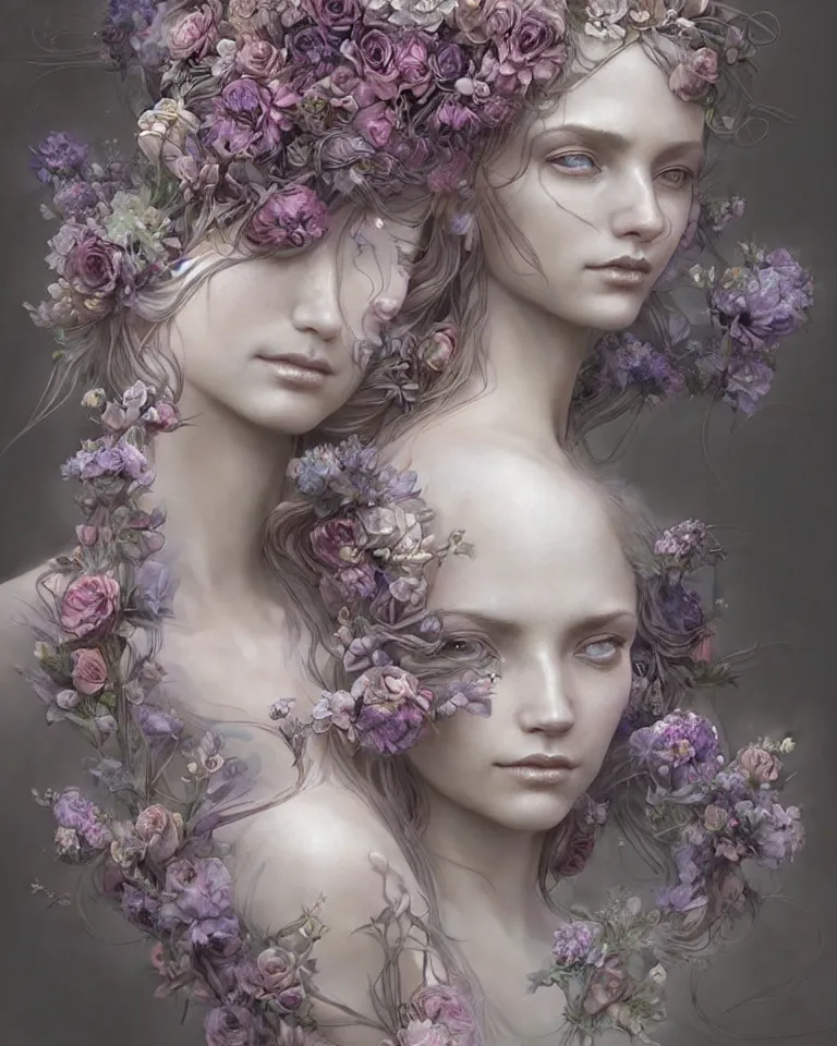 Image similar to a sculpture of interlaced gorgeous etherial females, made of mist, made of flowers, a digital painting by Andrew Ferez, Charlie Bowater, Marco Mazzoni, Seb McKinnon, Ryohei Hase, trending on cgsociety, featured on zbrush central, new sculpture, mystical