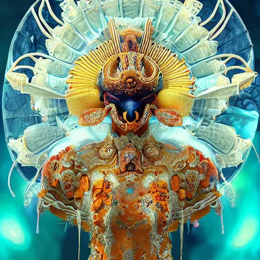 Prompt: 3 d goddess close - up frontal portrait with ram golden skull. beautiful intricately detailed japanese crow kitsune mask and clasical japanese kimono. betta fish, jellyfish phoenix, bio luminescent, plasma, ice, water, wind, creature, mandelbulb, fractal, artwork by tooth wu and wlop and beeple and greg rutkowski