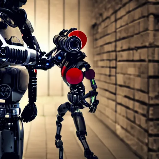 Prompt: bloody fight between robot and photographer, robot win, realistic, detailed,