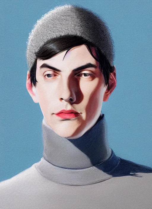 Image similar to portrait of jughead jones, wearing a grey crown, wearing a blue turtleneck sweater, eyes closed, intricate, elegant, glowing lights, highly detailed, digital painting, artstation, concept art, smooth, sharp focus, illustration, art by wlop, mars ravelo and greg rutkowski