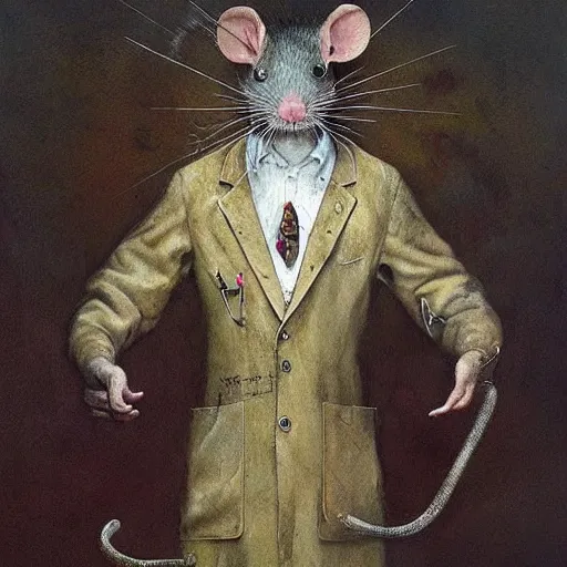 Image similar to A rat in a labcoat, by Esao Andrews and Karol Bak and Zdzislaw Beksinski