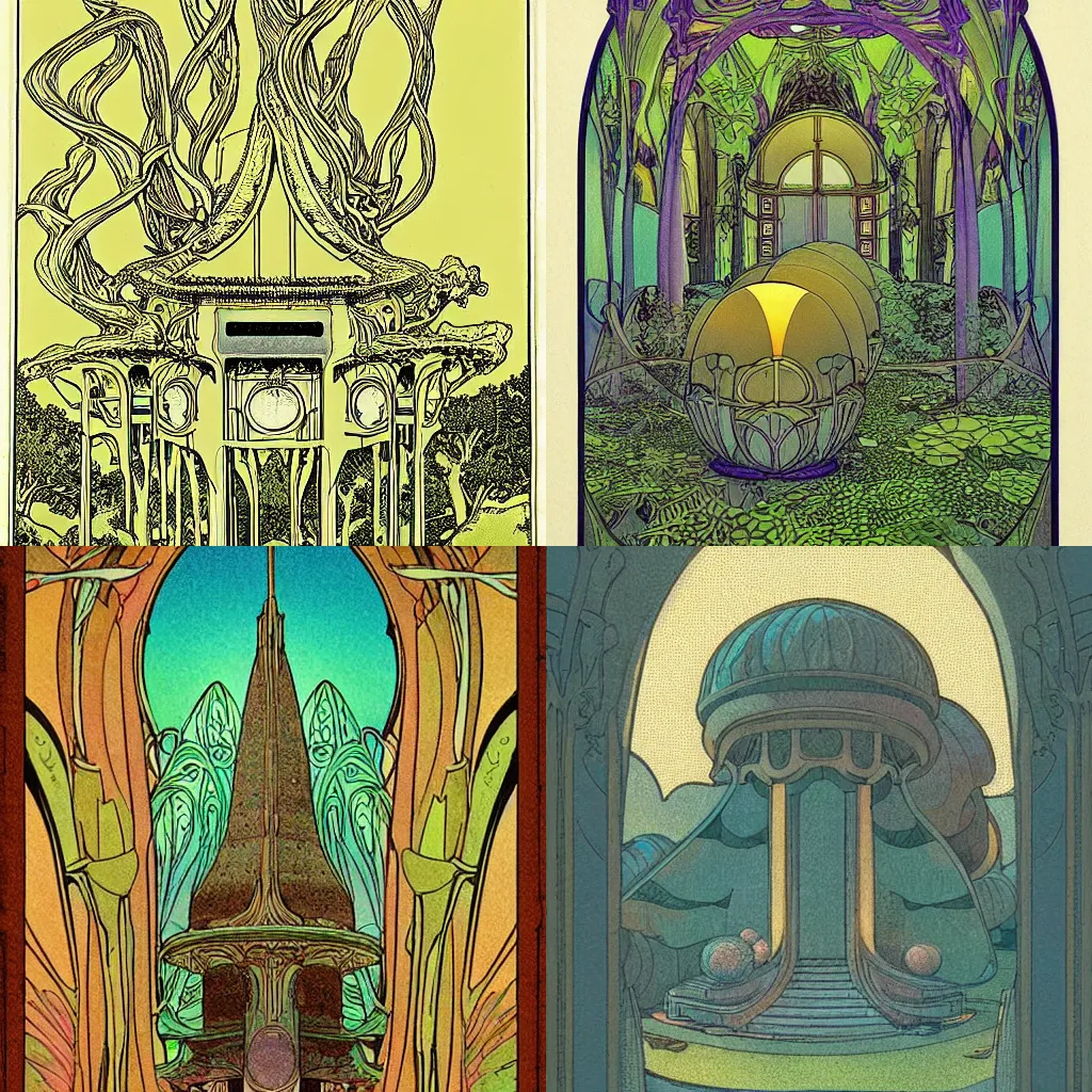 Prompt: studio light, art nouveau temple, fungal growth landscape by moebius, art nouveau, clean lines