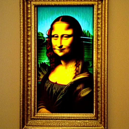 Prompt: the mona lisa painting where she is really really high and trying to hide it