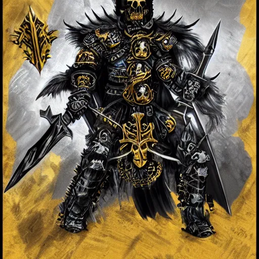 Image similar to lich king wearing black and gold armor with skulls and chains, holding a two handed sword with golden handle, wearing spiky helmet with mask