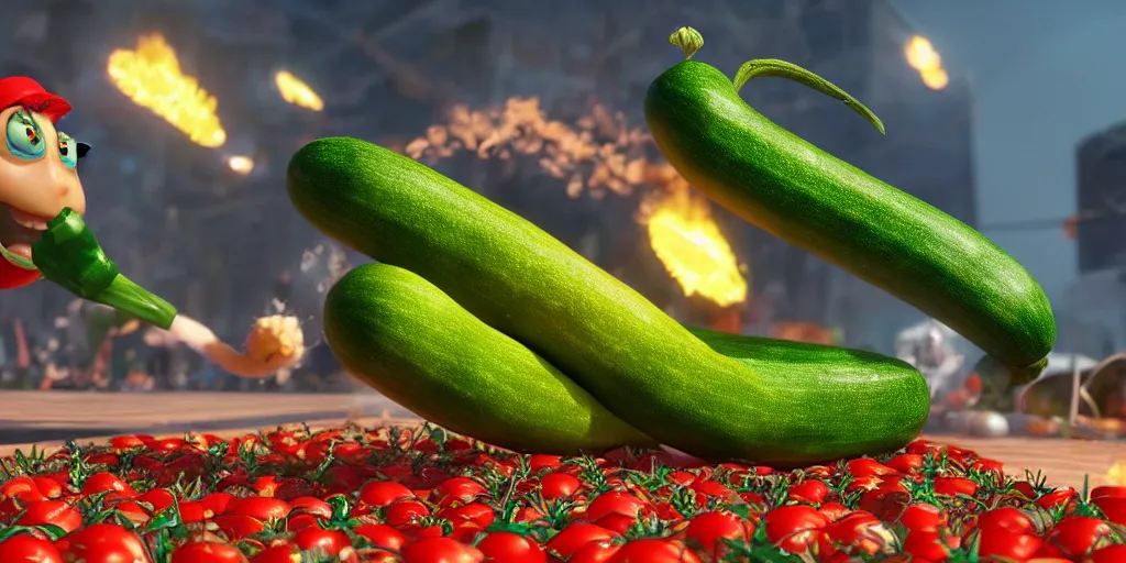 Prompt: detailed 3 d render of a raging zucchini!! character chasing!! down a desperate tomato!, high speed action, explosions, dramatic scene, hyper realistic octane render, cinematic lighting, deviantart, black sky, lowbrow, frame from pixar movie