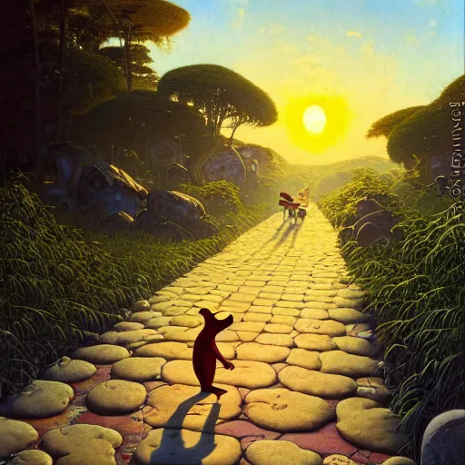 Image similar to pepe the frog walking in summer dawn, funny sunny atmosphere, positive vibe, norman rockwell, bao phan, bruce pennington, larry elmore, oil on canvas, deep depth field, masterpiece, cinematic composition, hyper - detailed, hd, hdr