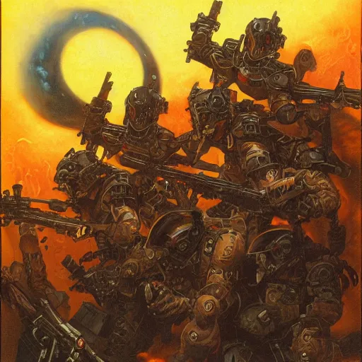 Prompt: tactical team in hell, by gerald brom