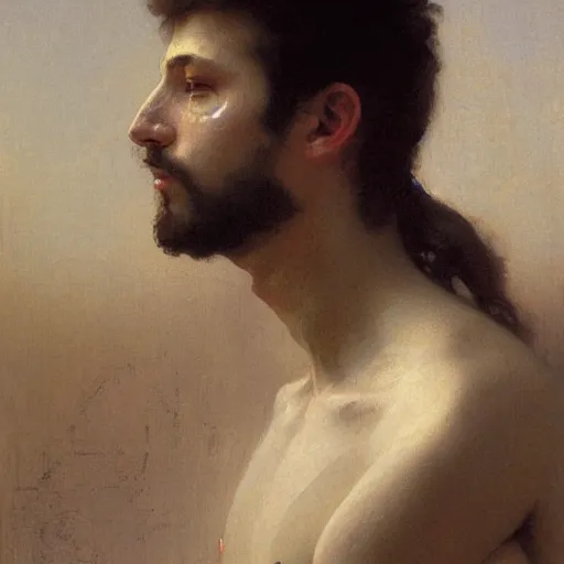 Image similar to a portrait painting of a male, art greg rutkowski and william - adolphe bouguereau