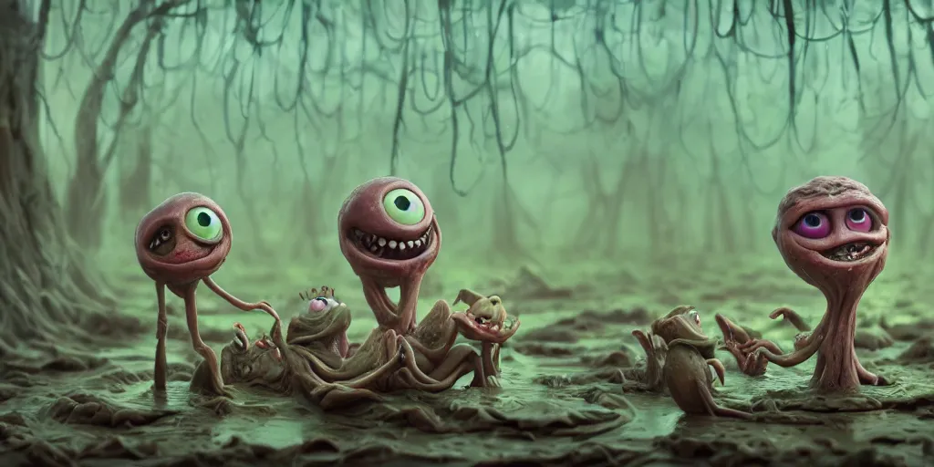 Prompt: of an intricate murky clay swamp with strange cute friendly laughing fairies with huge eyes, long tongue, square teeth and funny face appearing from the mud, in the style of craola, macro lens, shallow depth of field, highly detailed, digital painting, trending artstation, concept art, illustration, cinematic lighting, vibrant colors, photorealism, epic, octane render