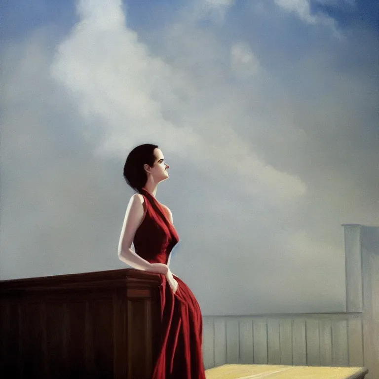 Image similar to Eva Green on a roof, fog, early morning, , painted by Edward Hopper, painted by Wayne Barlow, airbrush