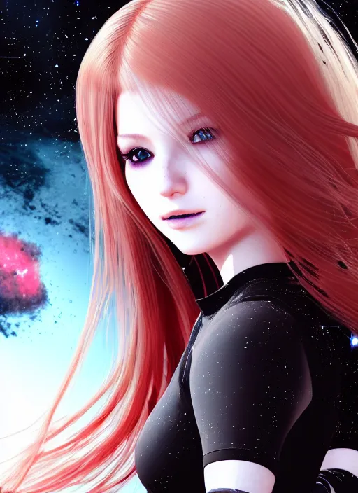 Prompt: highly detailed portrait of a hopeful pretty astronaut lady with a wavy blonde hair, by Bill Medcalf, 4k resolution, nier:automata inspired, bravely default inspired, vibrant but dreary but upflifting red, black and white color scheme!!! ((Space nebula background))