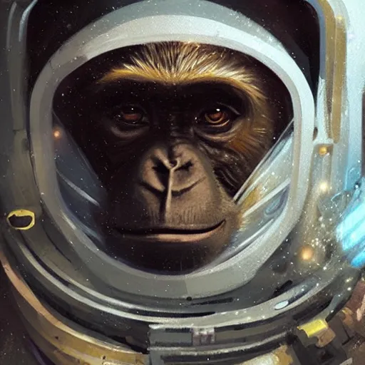 Prompt: portrait of a monkey in spacesuit, closeup, digital painting by Greg Rutkowski