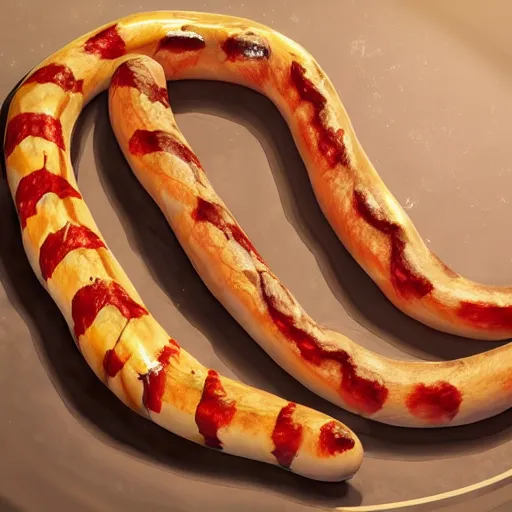 Image similar to photorealistic snake hotdog. hyperdetailed photorealism, 1 0 8 megapixels, amazing depth, high resolution, 3 d shading, 3 d finalrender, 3 d cinematic lighting, glowing rich colors, artstation concept art.