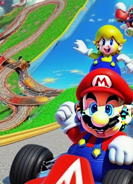 Image similar to mario kart, dragon quest, hyperrealism, intricate detailed