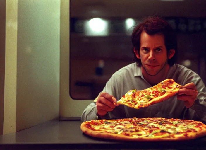 Image similar to portrait of charlie kaufman eating pizza at chuck - e - cheese with sloppy cheesy sauce getting slopped up all over the place, dramatic lighting, moody film still from being john malkovich ( 2 0 1 0 ), 3 5 mm kodak color stock, 2 4 mm lens, directed by spike jonze, ecktochrome