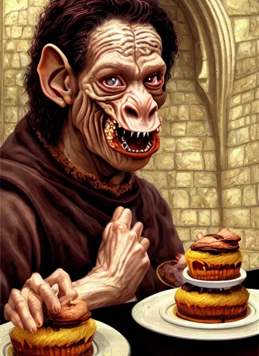 Image similar to portrait of a medieval goblin eating cakes in the cloisters, beautiful face, hyper realistic, highly detailed digital painting by earl norem, artstation illustration co